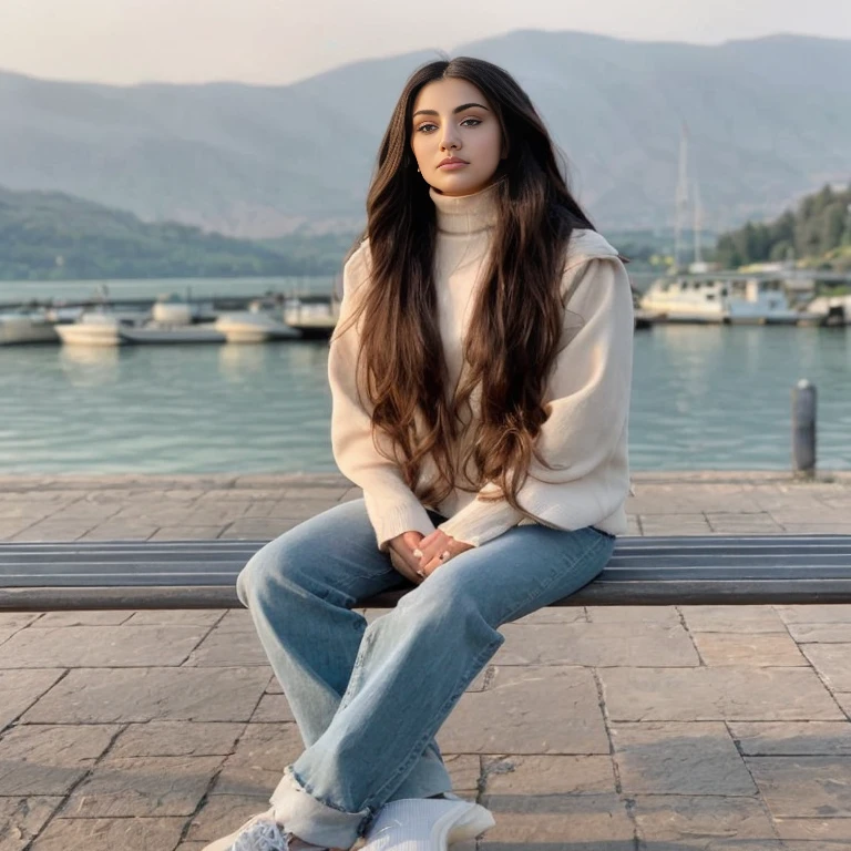 araffe sitting on a bench in front of a body of water, style of julia razumova, casual pose, sitting down casually, flowy hair standing on a rock, sitting on the ground, with long hair, serena malyon, anastasia ovchinnikova, beautiful iranian woman, sitting in front of a lake, dasha taran
