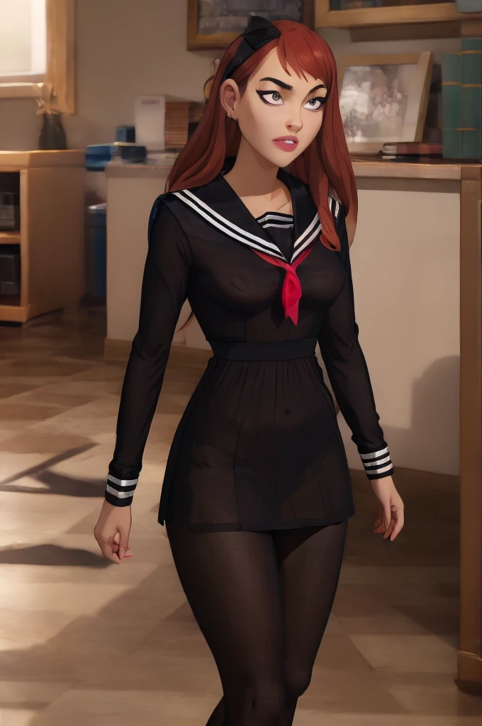 best quality, black pantyhose, 1girl, wearing tutututu, black , black serafuku, sailor collar, black miniskirt, long sleeves, see-through shirt, masterpiece 4k