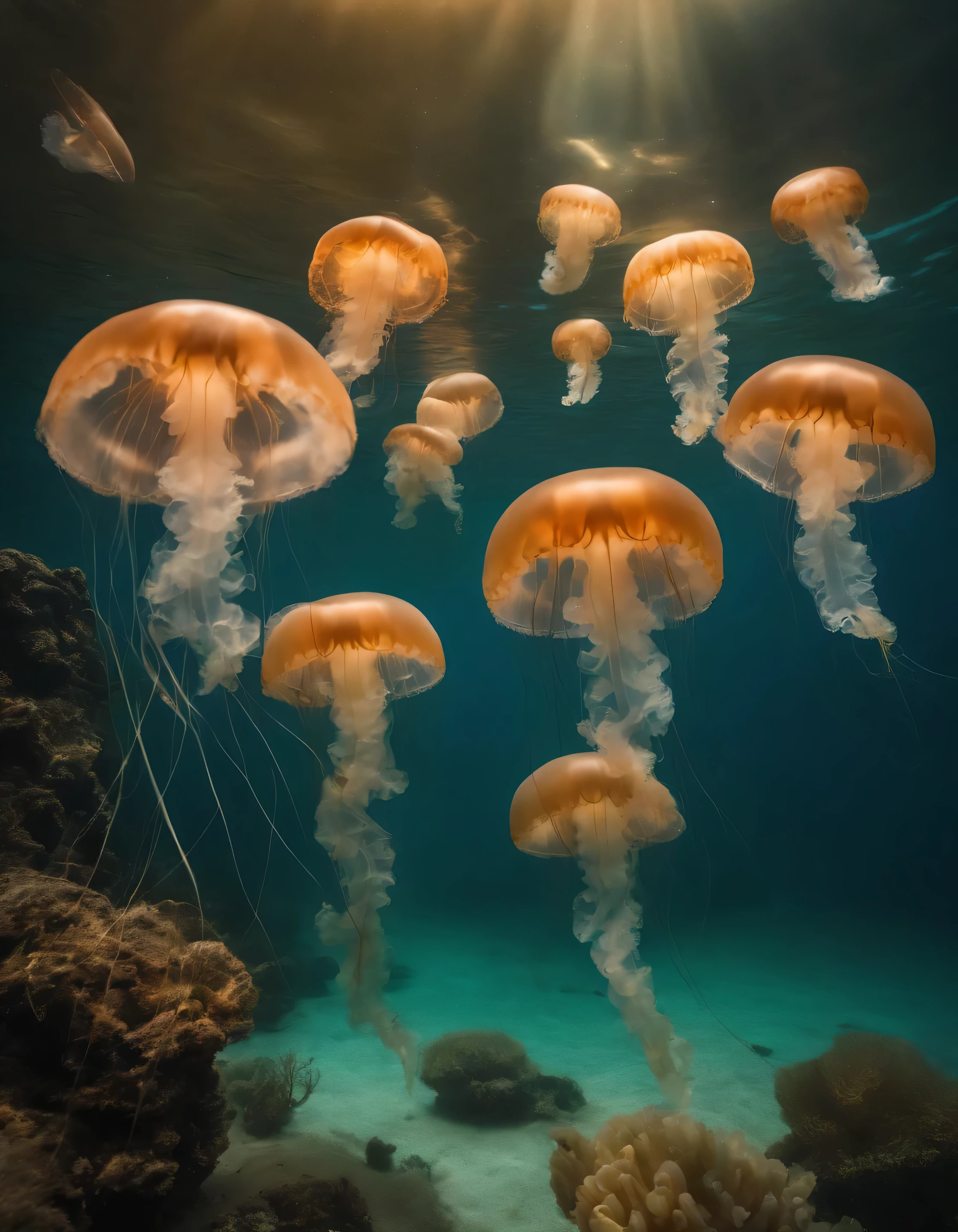 ((({Big jellyfish3匹}+Big jellyfish+jellyfish+jellyfish:1.1)Swimming side by side+Swim together),Colorful jellyfish、There are lots of little jellyfish around.,Connected)
