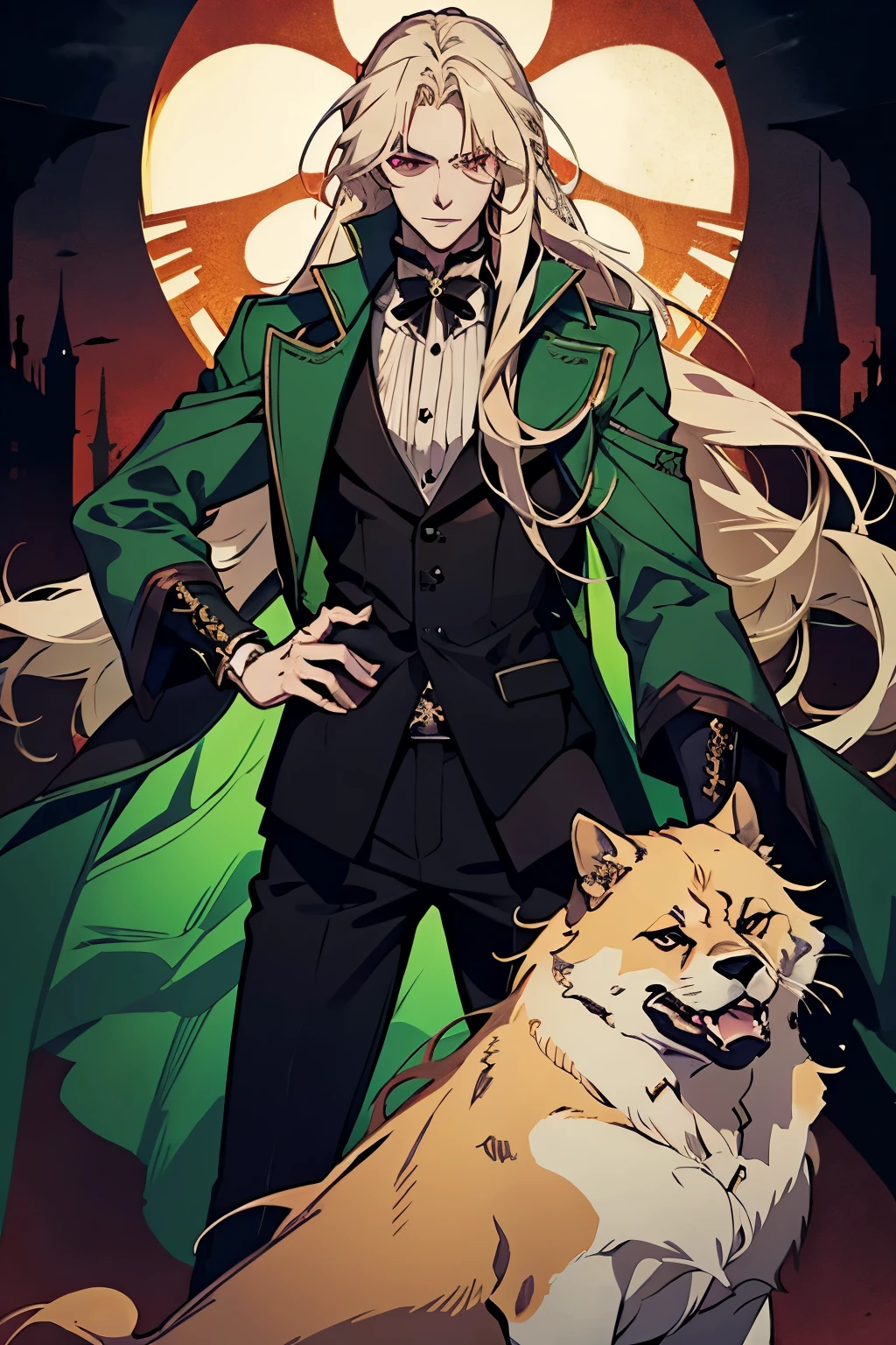 anime, full body, a man with long blonde hair and a green coat, alucard, castelvania, beautiful androgynous prince, magical blond prince, delicate androgynous prince, handsome male vampire, casimir art, anime handsome man, key anime art, l vampire, fin wildcloak, johan liebert mixed with alucard, male vampire, red eyes, detailed 30 year old male face