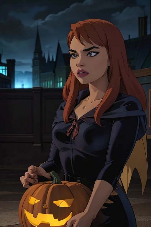 1girl, solo, RAW Photo, Photograph of a young beautiful woman with long hair flow in soft curl, holding pumpkin, wear hogwarts uniform, halloween theme, dark, outdoor, night, detailed background, (cowboy shot:1.1), best quality, masterpiece, uhd, ((photorealistic)) Harry Potter style costume