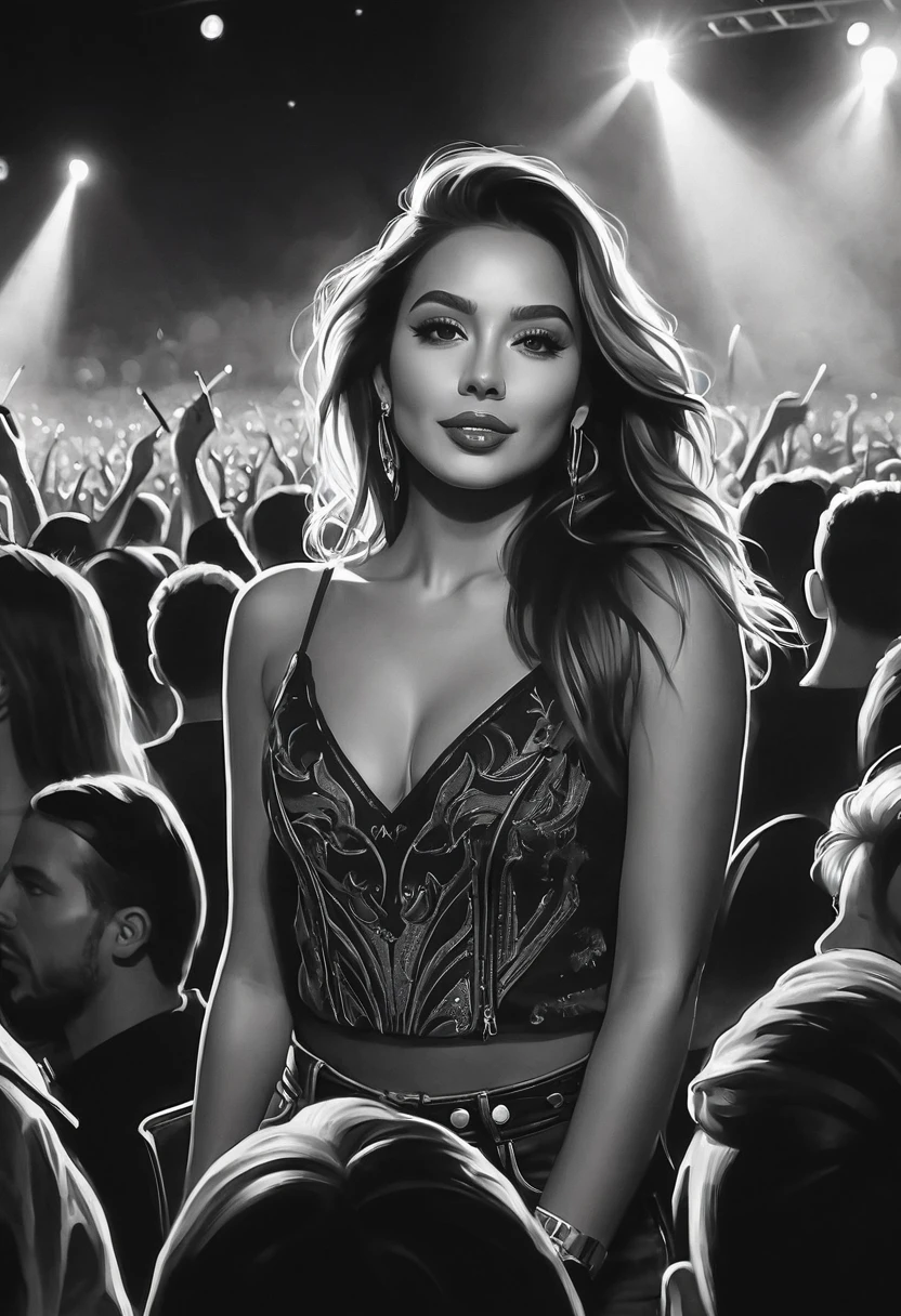 charcoal pencil drawing, black and white, masterpiece, create a digital painting, 4k, best quality, SexyToon, of an audience member at a rock concert