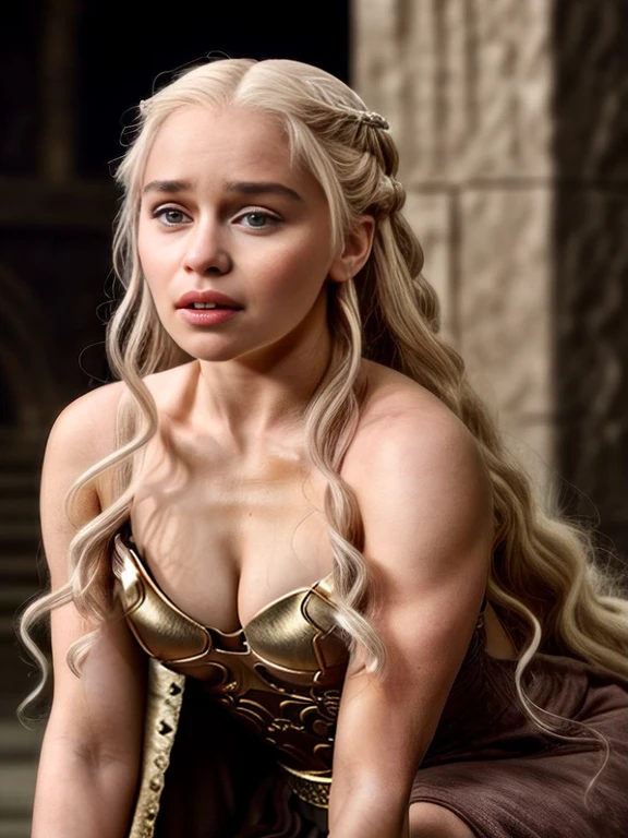 a woman in a brown dress sitting on a stone floor, daenerys, DAENERYS TARGARYEN, Emilia Clarke, Emilia Clarke as a greek goddess, de tronos, arya stark como venus, mila kunis as DAENERYS TARGARYEN, Still from the Game of Thrones movie, estilo de juego de tronos, reina de dragones, estilo juego de tronos
