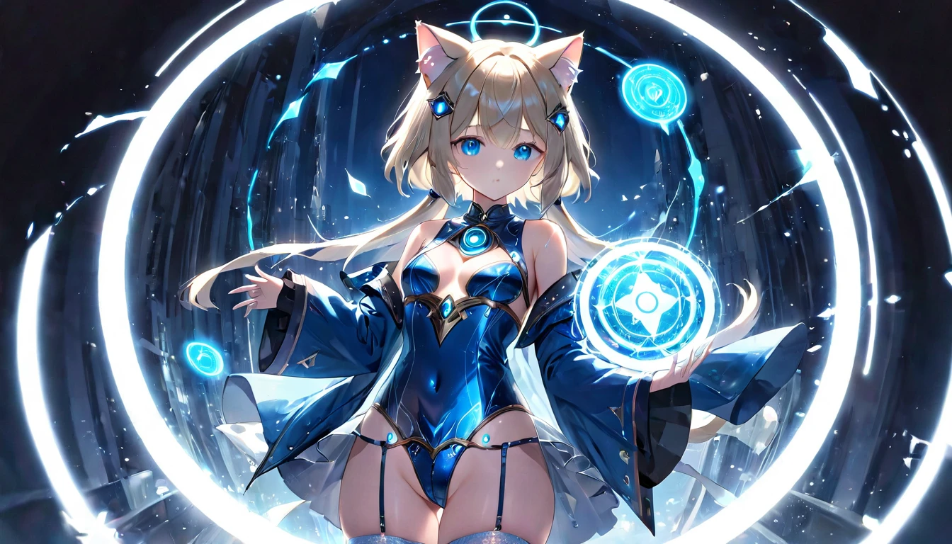(masterpiece, best quality, very aesthetic, absurdres,general) , destroy,Cat ear,clear eyes,artificial intelligence,Glowing magic circle,(Shining middle woman:1.5),Transparent blue clothes, beautiful underwear