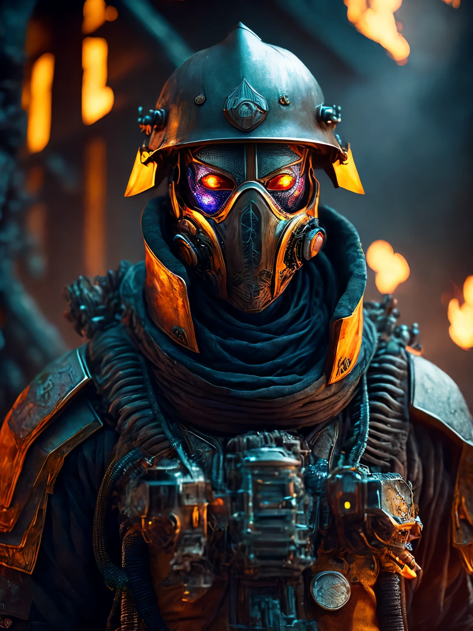 breathtaking cinematic science fiction photo of a portrait of a non human masked Grim dressed as a fire fighter in metal skin, body full glowing metrics inside, glowing multicoloured eyes, multifaceted eyes, metallic arms, inside a destroyed building, extremely menacing creature, highly detailed, award-winning