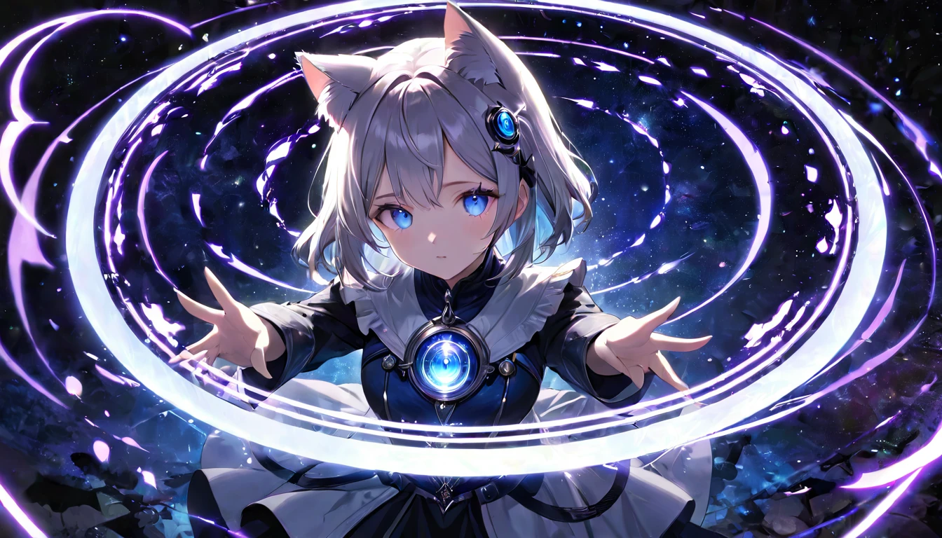(masterpiece, best quality, very aesthetic, absurdres,general) , destroy,Cat ear,clear eyes,artificial intelligence,Glowing magic circle,(Shining old woman:0.3)