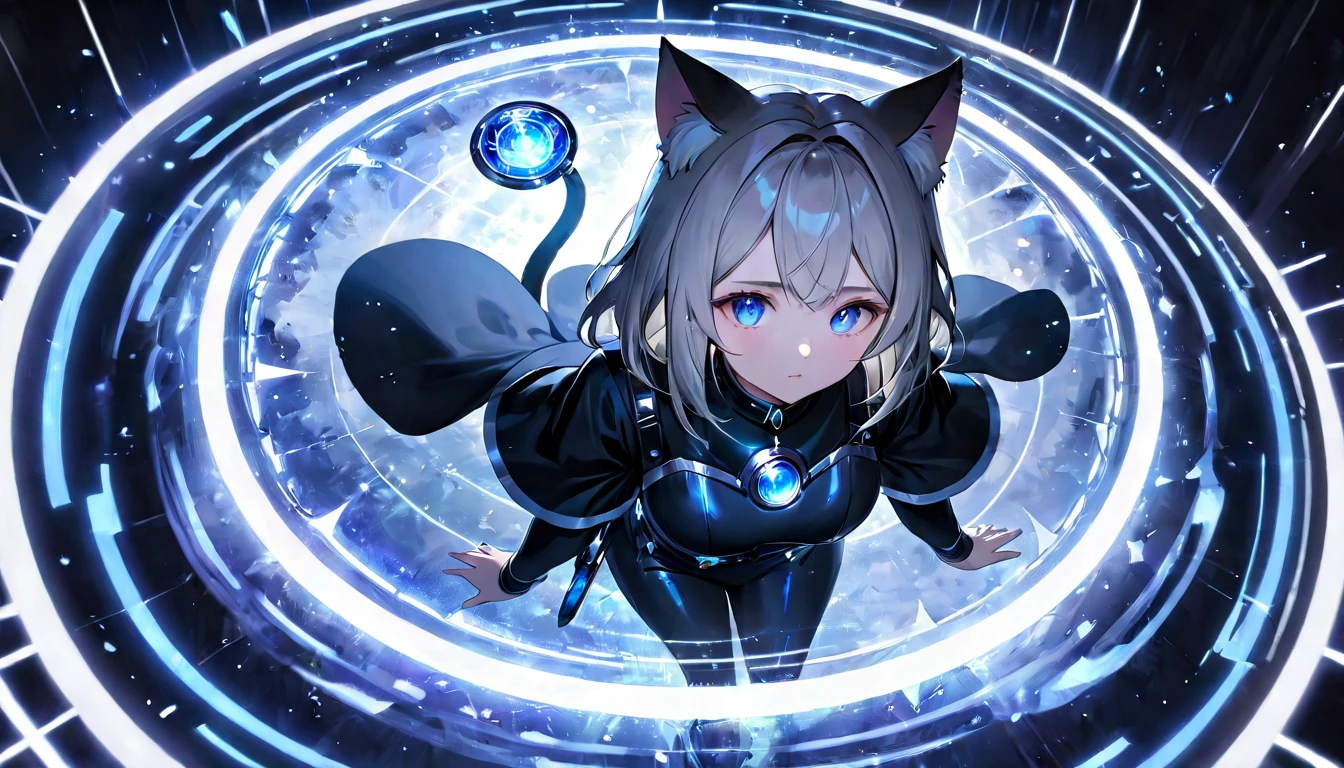 (masterpiece, best quality, very aesthetic, absurdres,general) , destroy,Cat ear,clear eyes,artificial intelligence,Glowing magic circle,(Shining old woman:0.3)