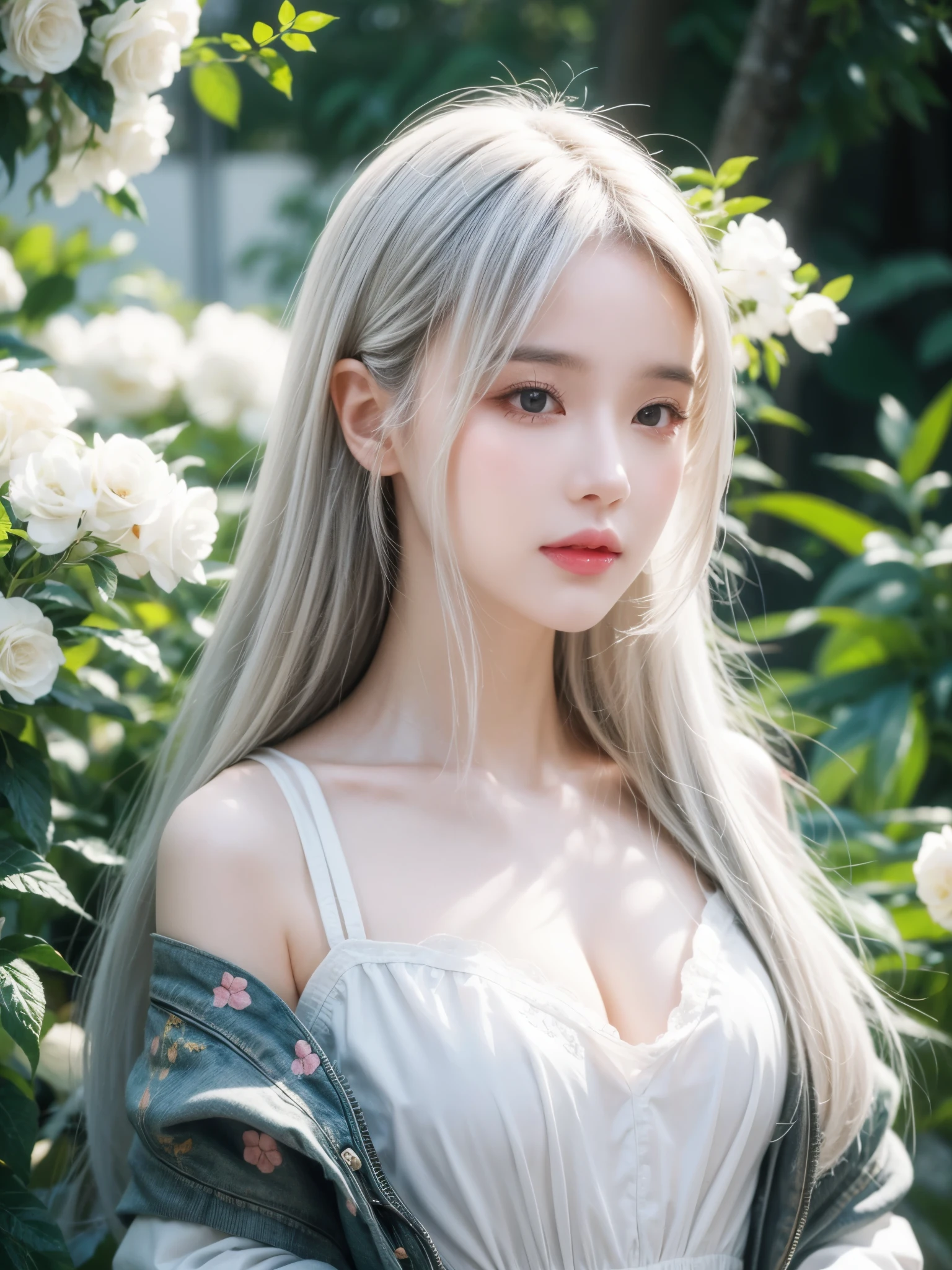 1girl, solo, white_hair, tattoos, grotto, verdant, flowers, beautiful, idyllic, sublime, absurdres, hyper-realism, textured, maximum_detail, dslr