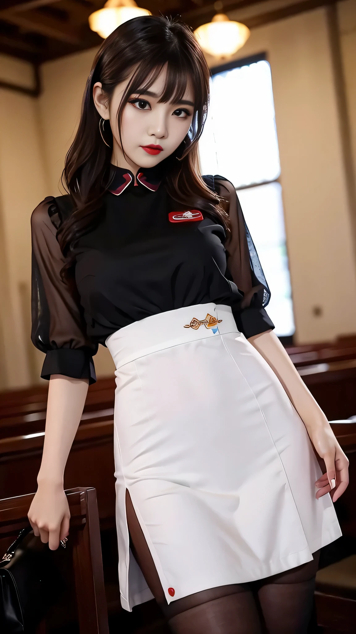 tra-detailed、Japanese、Attractive beauty、seductive adult woman、Pretty Woman、cool girl、brown hair、wavy hair、swept bangs、piercing eyes、hollow eyes、half-closed eyes、Hollow Eyes、Purple Eyeshadow、black lipstick、black lip gloss、dark makeup、smirk、Whisper in my ear、Evil expression、Long Black Cheongsam、Black wide sleeves、pantyhose、Evil cadres、Fallen into evil、brainwash、mind control、evil、Church at night、Swear allegiance、Have lipstick、Are standing