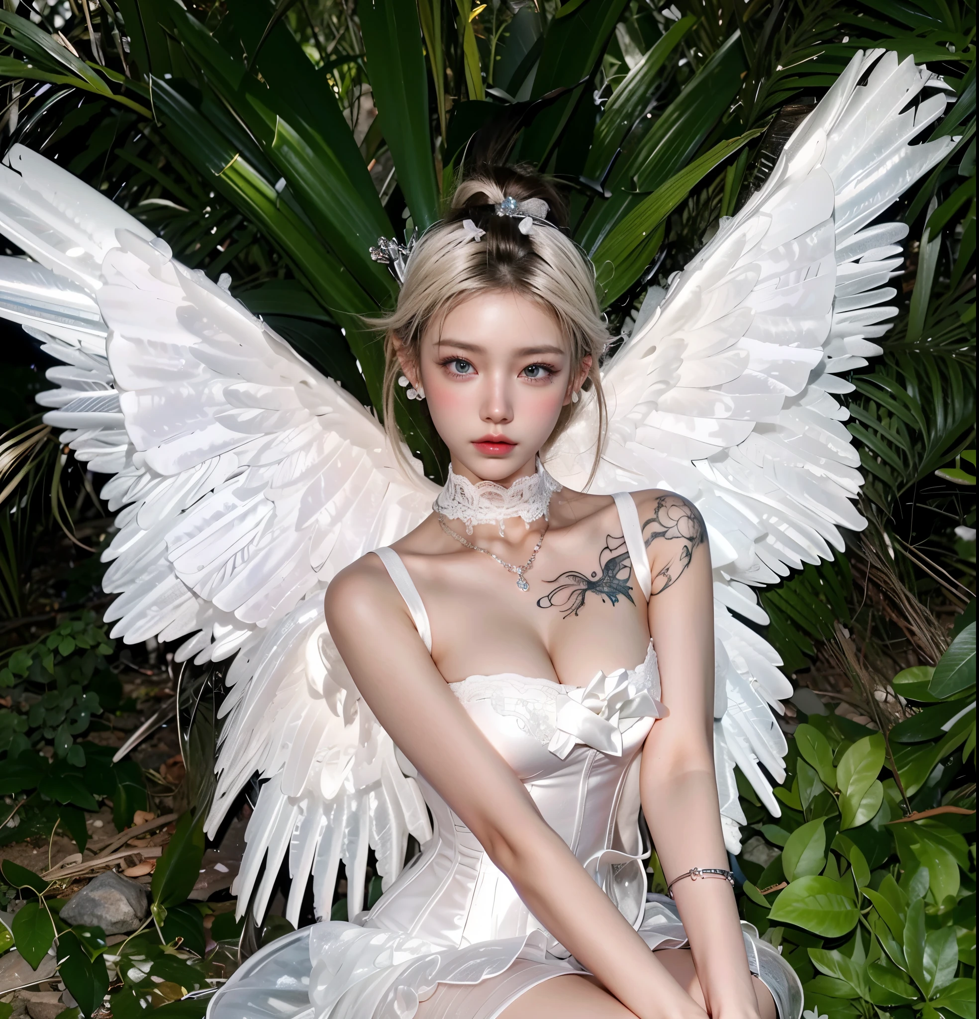 Game Art，Best image quality，Maximum resolution，8k，(A half-length photo)，(portrait)，(Head close-up)，(Rule of Thirds)，Unreal Engine 5 rendering works，20 year old girl，((Queen))，Eyes are very detailed，(Large Breasts)，Elegant and noble，movie lights，Ray Tracing，Game CG，((3D Unreal Engine))，OC rendering reflection pattern，4K，Ultra-clear，Sensual，Translucent lace，Fair and plump figure，Pretty Face，Glossy Gel Coat，身着华贵礼服的Queen，Crystal Gem Crown，Necklace jewelry，blue eyes，black tattoo(whole body)，The tattoo is very three-dimensional，Gorgeous and intricate tattoo designs，Ultra-clear portrait，Angel Wings，Squat