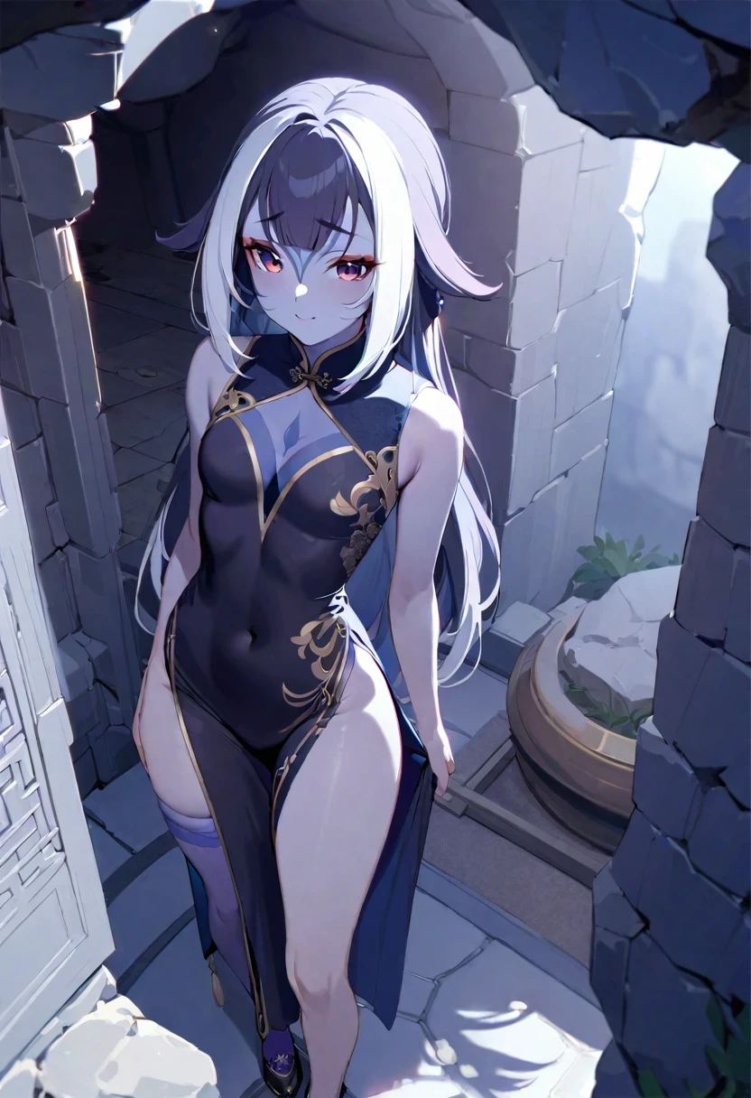 ((shylily)),(masterpiece:1.2),(best quality:1.2),absurdres, highres, ultra detailed, (1girl:1.3),(8K, Best quality at best, tmasterpiece:1.2),\(Eyes detailed\),\(facial feature\),(\(Clothing details body details,(surface focus) ,Very detailed CG-8k wallpaper,hugefilesize,ultra - detailed,A high resolution,Huang Li,beautidful eyes,ray traycing,Dramatic shadows,Detailed pubic hair,dramatic angles,hyper-detailing,(1 girl:1.3),(sonata),White hair,shinny hair,long, hair straight,(Hair length to hips:1.1),red eyes,Air bangs,Willow eyebrows.(Purple-gray skin:1.4)+(Fair and shiny skin),(short and delicate:1.2),flatchest,Slim,Weakness of the body.(China Cheongsam:1.2)+(Right thigh incision only:1.2),Black embroidered shoes.Chinese cave,Chinese style mansion built in a cave,rock garden,Chinese style courtyard