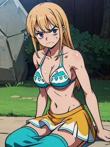 An interesting and detailed prompt for an anime tan skinned girl, her bikini top and long skirt clinging to her sweat-drenched skin. She lies on the ground, her stomach aching from starvation, her body weak from hunger. The stylistic rendering of her features adds to the intensity of her struggle.