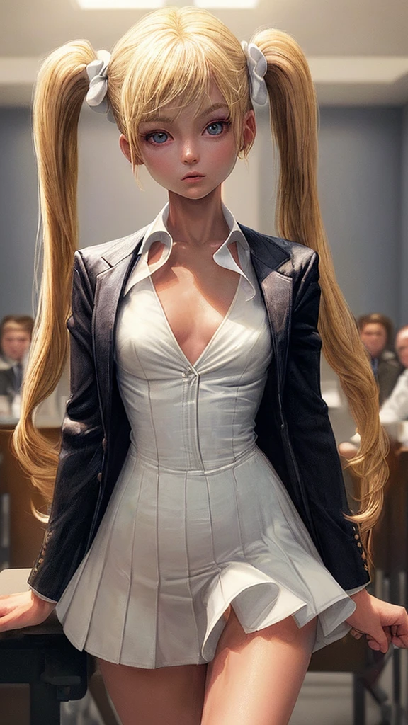 (masterpiece), (best quality), (detailed), light layer, 1solo girl, young girl, perfect body, blonde hair in pigtails, defined chest, defined collarbone, ultra realistic, photorealistic, detailed, ,Enhance, wearing a white dress shirt and tie, dress jacket, mid skirt, conference room background