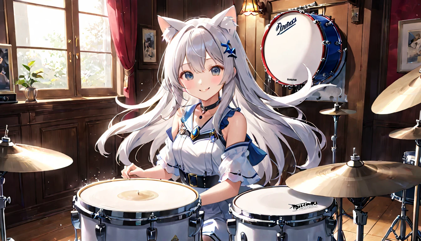 (one girl)、Cat ear,(Girl playing drums:0.1)、White drum set、Precisely shaped drumusic room、long silver hair woman、enchanting smile