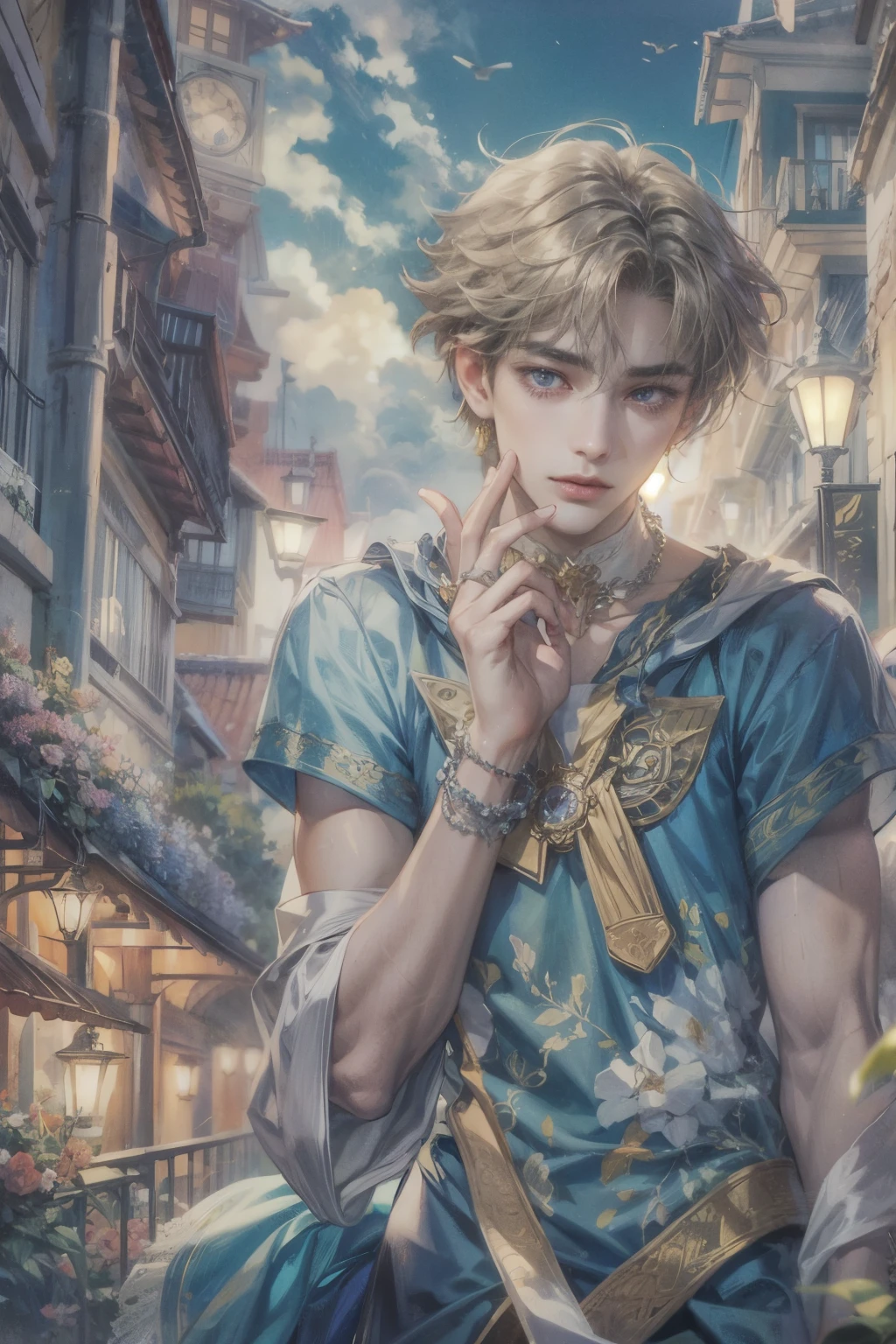 (absurdres, highres, ultra detailed, HDR), masterpiece, Intricate details,best quality picture of a character from Sailor Moon, male version of a character, handsome boy with short Hair anime eyes, intricate details on face, casual stylish clothes, in a detailed outside calm city sanctuary scenery, detailed character, art kenouji