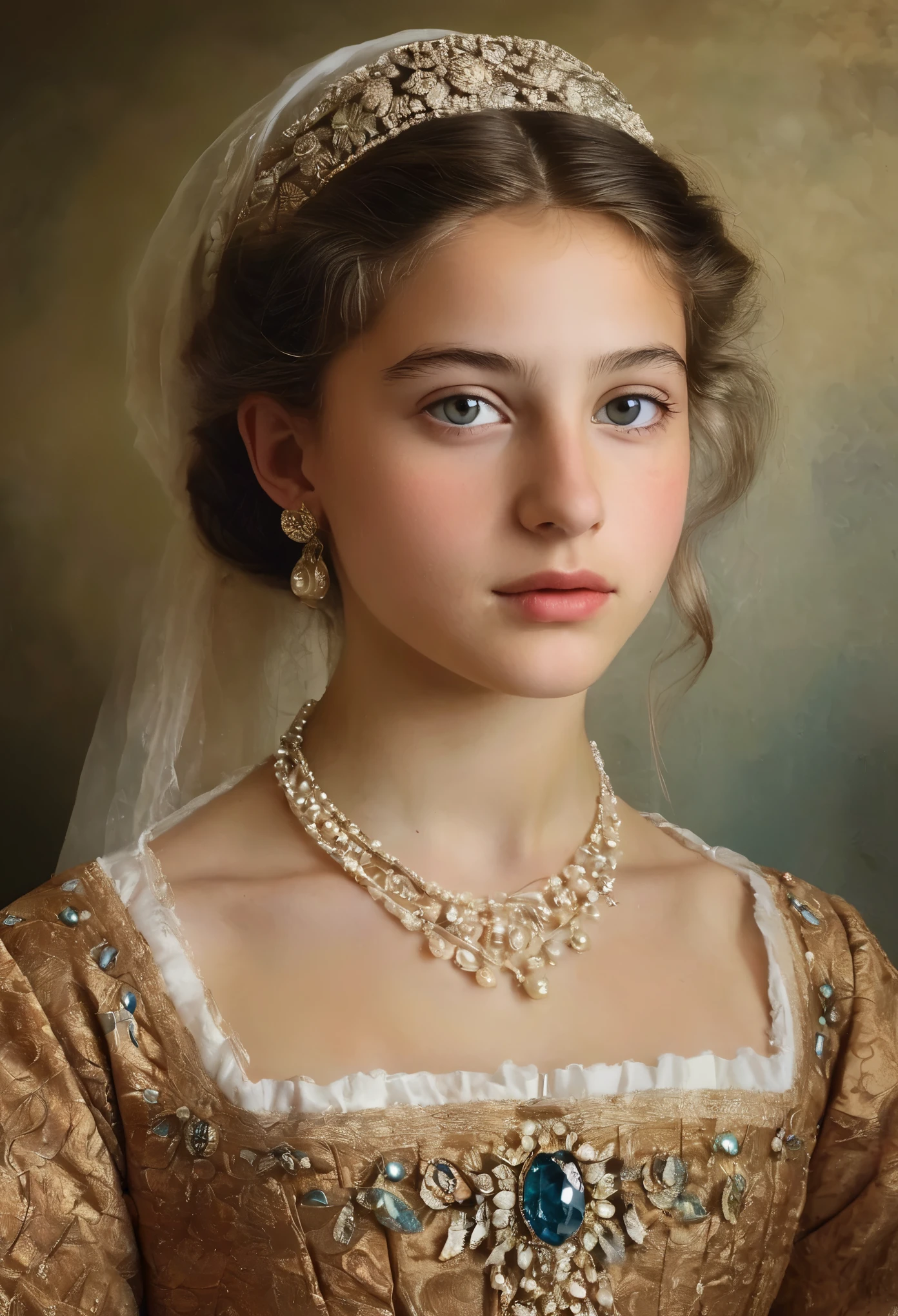 (highres,masterpiece:1.2),(realistic:1.37), A portrait of a Jewish girl in the 20th century with unparalleled beauty. age 14, eldest daughter of a wealthy merchant, The lighting is soft and diffused, accentuating the girl's ethereal beauty. The colors are vibrant and rich, creating a captivating visual experience. The portrait is created in the style of classical portraiture, reminiscent of the works of renowned artists from the era. It exudes elegance, grace, and sophistication. A great masterpiece of the century, you can even feel the breath of the lively girl.