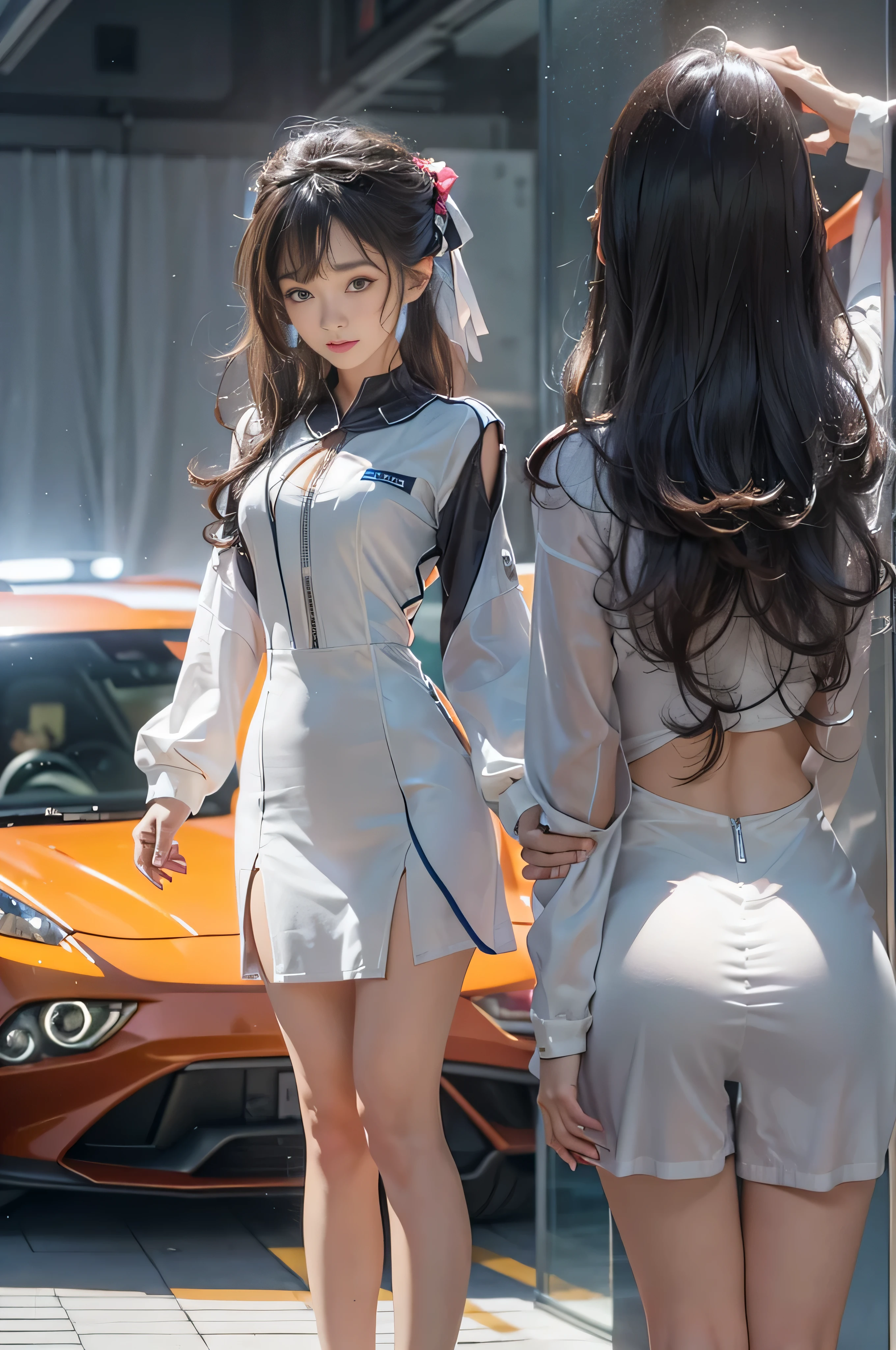 (NSdebtW), 1 Female, alone, 24-years-old, 7 heads, (Cute face), (Ideal body proportions), Circuit Field, Stand in front of a sports car, Race Queen, look back, (((Accentuate your butt))), Wet, Clothes are see-through, A cheerful smile, length , White skin, , Slender, Black Hair, short hair, Beautiful feet, Small Ass, Thin legs, Surrealism, Cinema Lighting, Depth of written boundary, First Person View, debt/1.8, 135mm, Debtdebt, Tabletop, Accurate, Anatomically correct, Textured skin, Super Detail, Attention to detail, high quality, Awards, 最high quality, High resolution, 8k