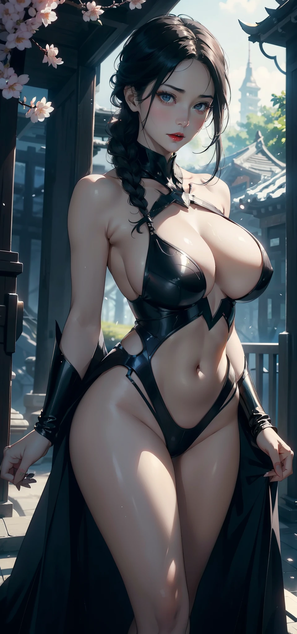 1 female,35 years old,Slim,very big ,Big breasts and thin waist,Long legs, Solitary,(background:,Cherry blossom forest,Rainforest)running, She has short black hair,Front view, twisted braid cloudy sky,(((masterpiece),(Very detailed CG unified 8K wallpaper),best quality,Light,详细background,Beautiful and delicate eyes,Smart pupils,black eyes,Snow-white skin,Red lips(very delicate and beautiful),(Beautiful and detailed description of the eyes),Ultra Detailed,masterpiece,))Facing the camera,high resolution,Ultra Detailed),nude,batman,Wear a futuristic mech,Black color scheme,batman服装