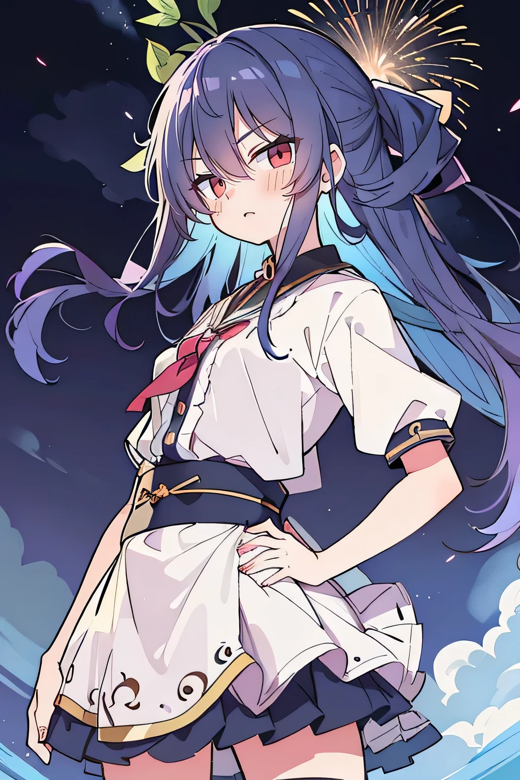 (best quality, masterpiece:1.2, expressive eyes, perfect face, 1 girl, hands on waist, beautiful, gorgeous, Japanese anime, girl, Lola, Hinamori Angel, blue hair, floating clothes, grabbing waist, grabbing waist, hands on hips, hands on hips, flat-chested, night, fireworks)