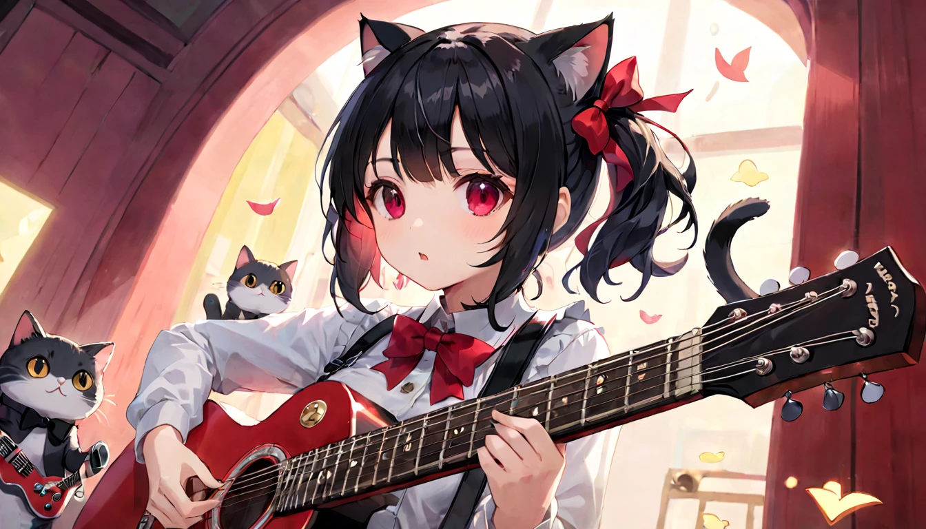 (masterpiece, best quality, very aesthetic, absurdres, general), 1 girl, cat ear, short ponytail, cute, kawaii, blunt bangs, short sideburns, red bow, focus on the face, fisheye, playing the guitar,long black hair,(strange angle:1.2)