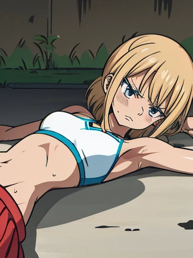 An interesting and detailed prompt for an anime tan skinned girl, her bikini top and long skirt clinging to her sweat-drenched skin. She lies on the ground, her stomach aching from starvation, her body weak from hunger. The stylistic rendering of her features adds to the intensity of her struggle.