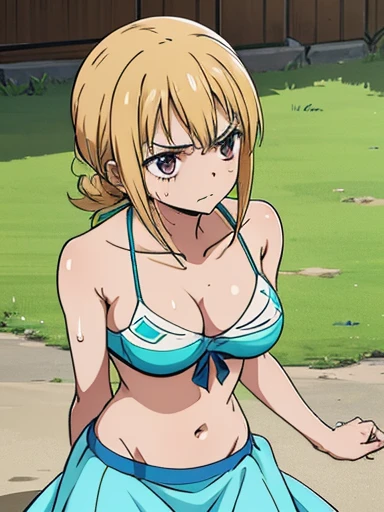 An interesting and detailed prompt for an anime tan skinned girl, her bikini top and long skirt clinging to her sweat-drenched skin. She lies on the ground, her stomach aching from starvation, her body weak from hunger. The stylistic rendering of her features adds to the intensity of her struggle.