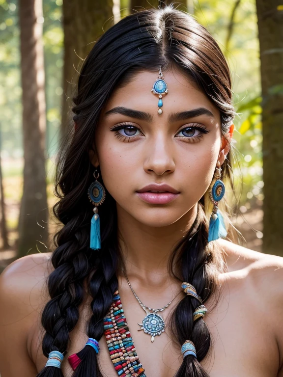 1. Punctuation_9: A beautiful Native American woman, ((18 years old: 1.2)), with the best quality, high resolution, ultra-detailed, realistic image. Ariana Grande, a native American woman ((1.4)), adult, with fleshy lips, large clear eyes, and blue eyes, ((piercingly clear: 1.1)), long wavy, ondulado, long native Indian braided hair ((1.2)), and feathers ((1.4)). Detailed features: beautiful face, clear blue eyes shining, pretty lips, thin clear eyebrows, long dark lashes, and well-defined, slender hands. In the background: huge forest