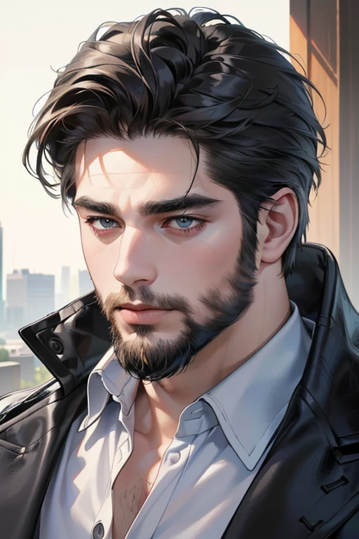 (best quality,4k,8k,highres,masterpiece:1.2),ultra-detailed,(realistic,photorealistic,photo-realistic:1.37),30 year old man,3 day beard,handsome anime,portraits,strong,masculine,dark hair,sharp jawline,mesmerizing eyes,perfectly styled hair,cool anime outfit,confident expression,vibrant colors,dynamic lighting