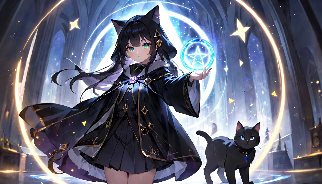 (masterpiece, best quality, very aesthetic, absurdres,general) , 1girl, solo, shot black wizard's cloak, long wizard's trousers,shot skirt:1.2),The girl is using magic,Glowing triangular magic circle,,cute girl、Girl with clear eyes、Straight long hair,cat ear