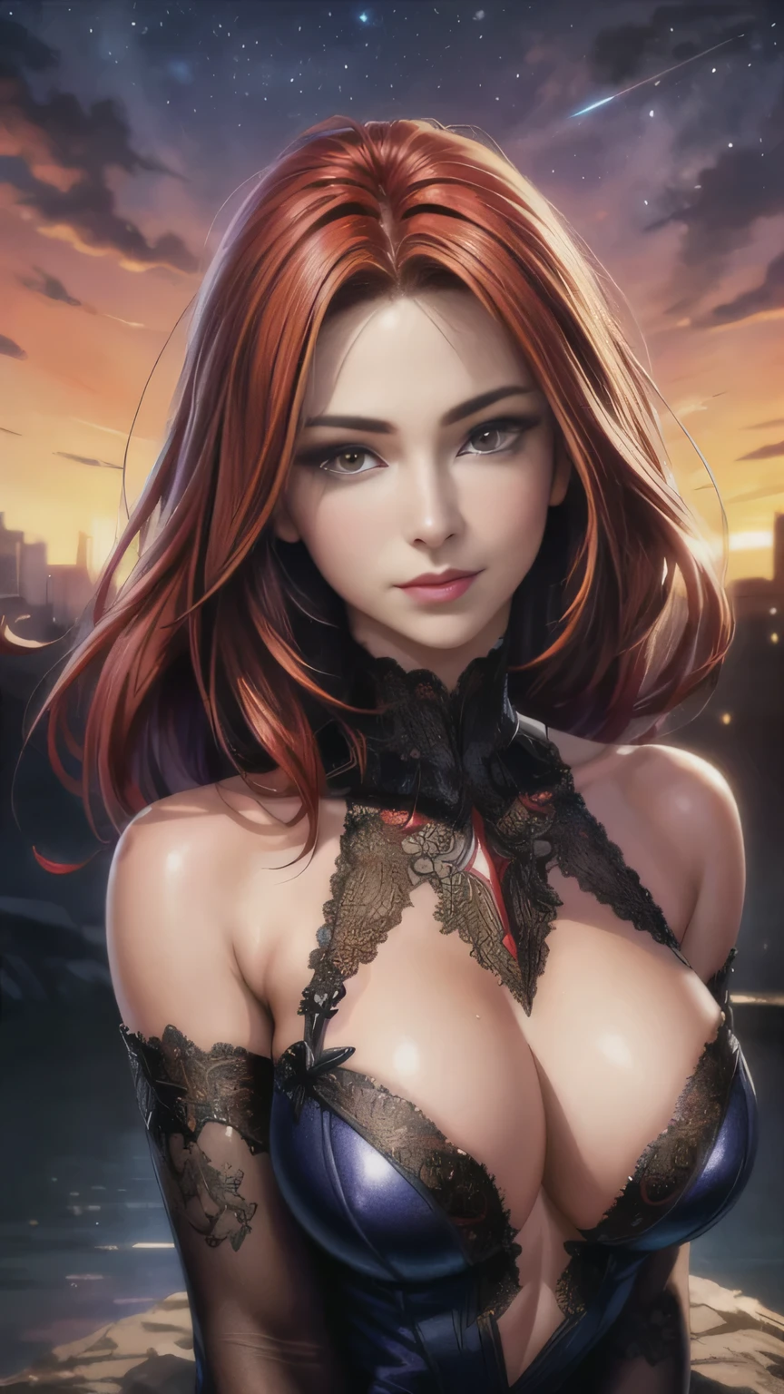 portrait shot, ((vivid red hair)), mature woman, 30 years old, diamond face, moonlight, red starry sky background, depth of field, magic, big red lips, ((dark and red black eyes)) black and red long and full dress, covered chest, mystical atmosphere, ominous shadows, Intense blue aura, Intense red aura (best quality:1.2), absurdres, intricate details, (highly detailed skin:1.2), smile expression, posing, taut and well defined body, attractive. Highly realistic, pale skin, beautiful, hyperrealism, skin very elaborated, direct gaze, (RAW, analogue, Nikon Z 14mm ultra-wide angle lens, award-winning glamour photograph, ((best quality)), ((masterpiece)), ((realistic)), skin pores, subsurface scattering, high-res, detailed facial features, high detail, sharp focus, smooth, aesthetic, extremely detailed, (extremely detailed eyes, extremely detailed iris), extremely detailed hair, extremely detailed skin, extremely detailed clothes, octane render, photorealistic, realistic, post-processing, max detail, realistic shadows, roughness, natural skin texture, real life, ultra-realistic, photorealism, photography, 8k UHD, photography, hdr, intricate, elegant, highly detailed, sharp focus, stunning, beautiful, gorgeous), realistic, masterpiece, highest quality, movie still, cloud girl, floating in the sky, (close-up:1.1), medium breast, bright, happy, fun, soft lighting,
