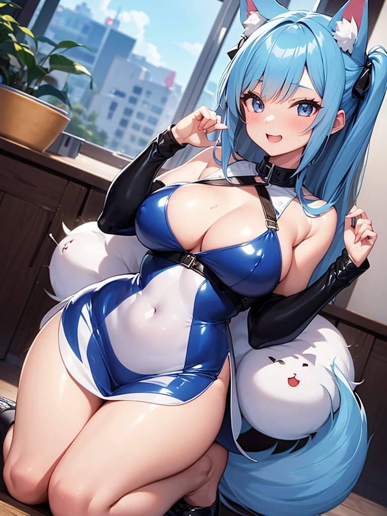 Happy woman, with wolf ears and blue hair, holding her cheeks, wolf tail, wearing a latex dress, looking at veiwer, full body, you can see her chest, naked breasts