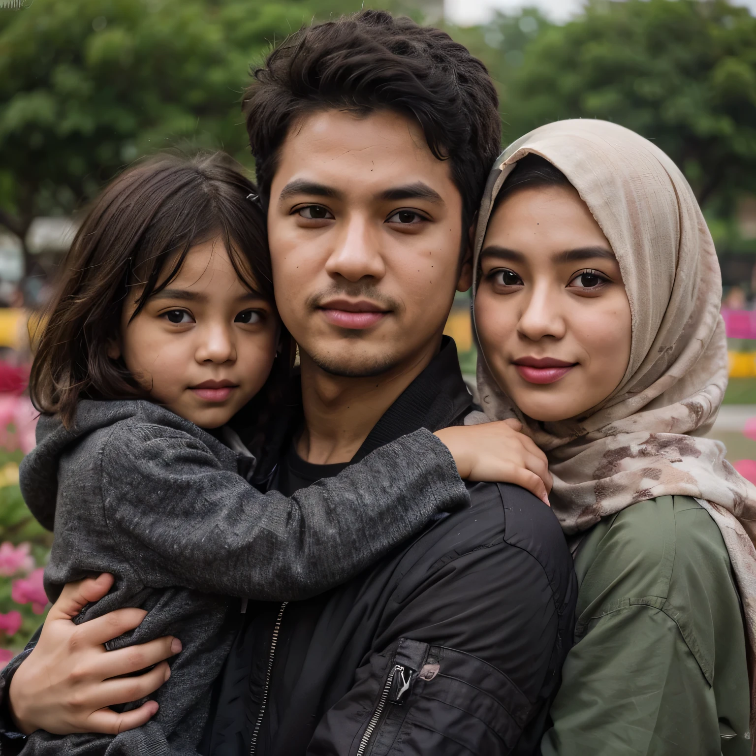 Seorang pria umur 30 tahun wajah asli indonesia pakai jaket warna hitam sedang berdiri menggemdong anak perempuan umur 5 tahun, pakai jilbab coklat, kedua tangan memeluk badan pria, kepala bersandar di bahu pria. di samping pria berdiri seorang wanita umur 28 tahun wajah asli indonesia pakai hijab, pakai baju kemeja warna hijau lumut. Latar belakang di taman penuh dengan bunga warna warni dan ada arena bermain. Sangat realistis, sangat detail, ULTRA HD, FULL HDR.