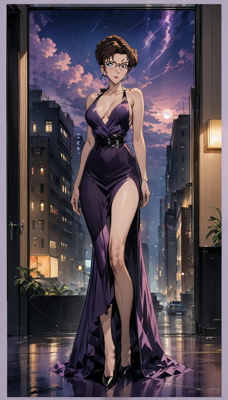 Best quality,masterpiece,brown hair,Purple evening dress,Big ,Perfect body,full-body shot,Cool poster,Wearing glasses,36 mature beauties,Single player anime style