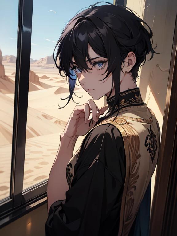 (absurdos, high resolution, ultra detalhado), 1 homem, adulto, bonito, cara alto e musculoso, ombros largos, olhos finamente detalhados e rosto detalhado, deserto, corpo todo, Middle Eastern clothing, cabelo preto curto, olhos castanhos, focused on the scene, a guy starting the journey