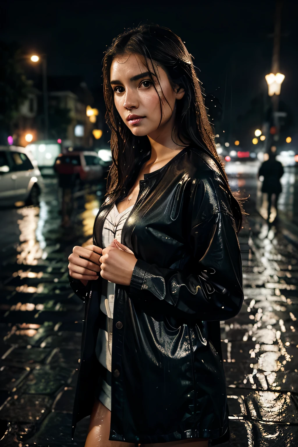 pretty girl exotic in the rainy night shot with wet hair and clothes poto realistic