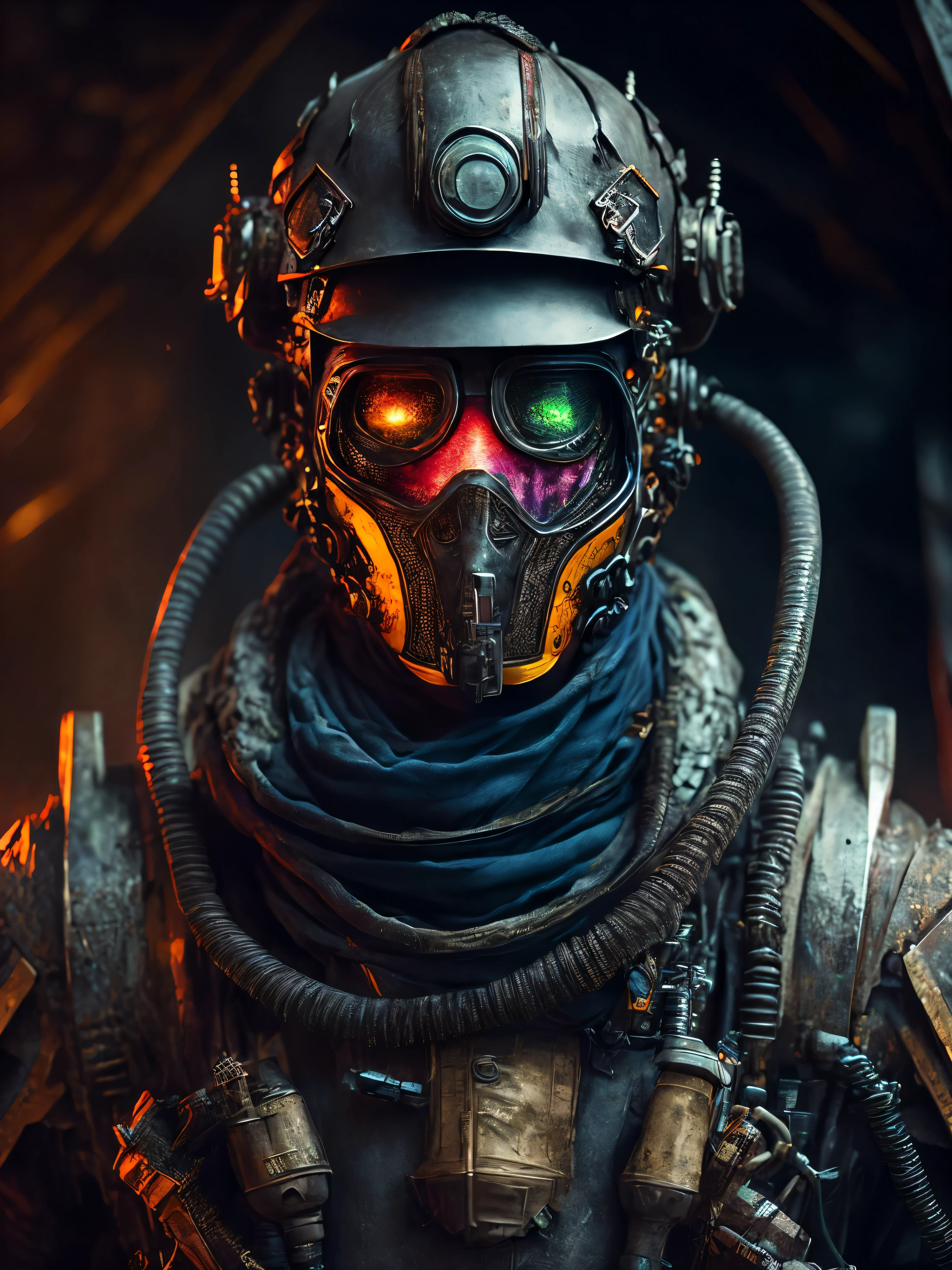 breathtaking cinematic science fiction photo of a portrait of a non human masked Grim dressed as a fire fighter in metal skin, body full glowing metrics inside, glowing multicoloured eyes, multifaceted eyes, metallic arms, inside a destroyed building, extremely menacing creature, highly detailed, award-winning