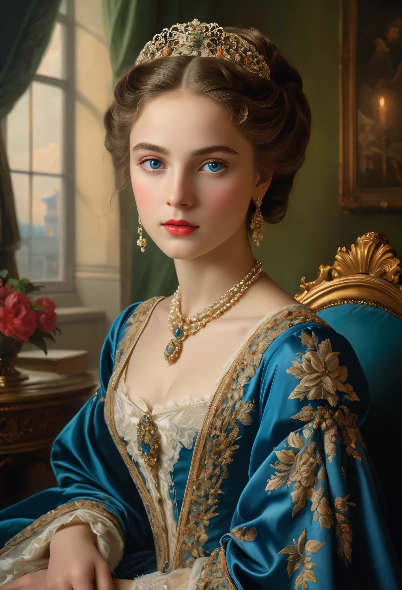 (highres,masterpiece:1.2),(realistic:1.37)A portrait of a Jewish girl in the 18th century with unparalleled beauty. She has mesmerizing blue eyes and delicate rosy lips. The portrait is meticulously detailed, capturing every subtle nuance of her features. She is adorned in an exquisite silk gown, embellished with intricate lace and delicate embroidery. The painting showcases the opulence of the era, with lush velvet curtains and gilded furniture in the background. The lighting is soft and diffused, accentuating the girl's ethereal beauty. The colors are vibrant and rich, creating a captivating visual experience. The portrait is created in the style of classical portraiture, reminiscent of the works of renowned artists from the era. It exudes elegance, grace, and sophistication.