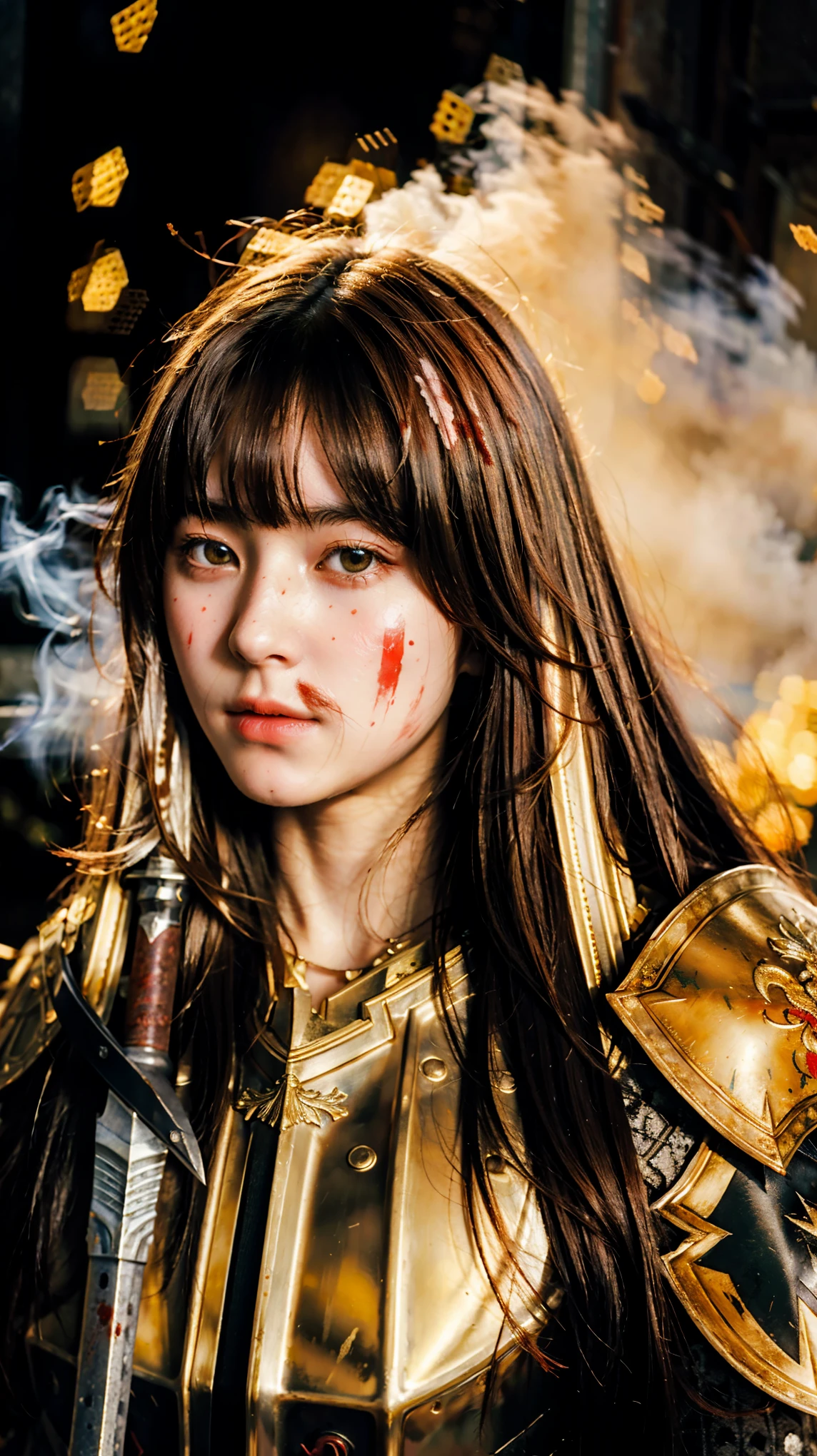 (((Realistic, masterpiece, best quality, crisp detail, high definition, high detail, sharp focus))), girl wearing heavy armor, golden armor, japan style armor, full body armor, decorated armor, long straight hair, dirty, sweating, bloodstained face, bloodstained armor, blood scattered, bloodbath, carnage, long bloodstained sword, in epic war, fire and smoke everywhere, death anywhere