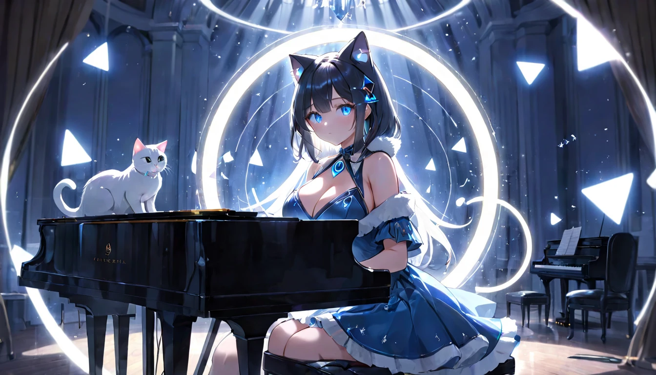 (masterpiece, best quality, very aesthetic, absurdres,general) ,
1girl, solo,、music room、Girl playing classical piano、Cat ear、clear eyes,artificial intelligence,Glowing triangular magic circle,Sad expression, beautiful girl, big breasts, blue cut dress