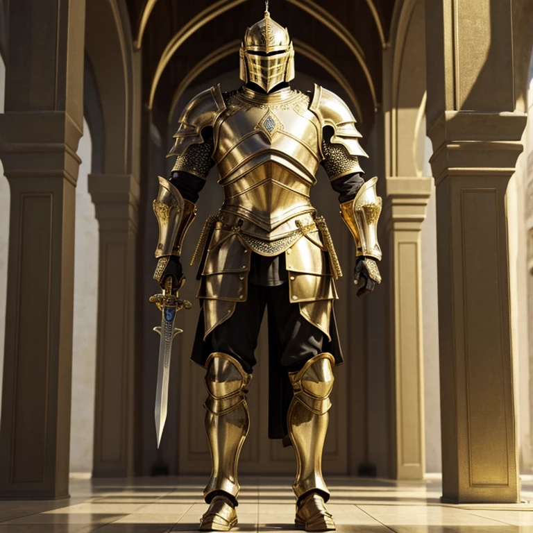 Modern Heavily armored knight, masterpiece, medieval, detailed armor, fantastic armor, golden armor, in a mosque, amazing and unique sword in his hand, full body, solo, 