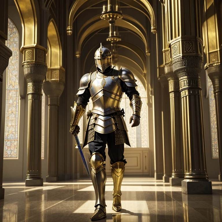 Modern Heavily armored knight, masterpiece, medieval, detailed armor, fantastic armor, golden armor, in a mosque, amazing and unique sword in his hand, full body, solo, 