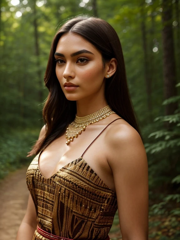 framed by delicate cheekbones, a pointed chin, and high, arched brows that gracefully touch the sides of her forehead. Her nose, a perfect blend of symmetry and character, is accentuated by the subtle contours of her nose bridge and the slight flare of her nostrils.
She stands tall and proud, clad in a traditional Native American dress made of rich, earthy tones that blend seamlessly with the forest backdrop. Her long, elegant neck is adorned with intricate beadwork and bold, geometric patterns that tell the story of her heritage.
Her arms are crossed at the waist, showcasing the strength and resilience of her athletic build. The