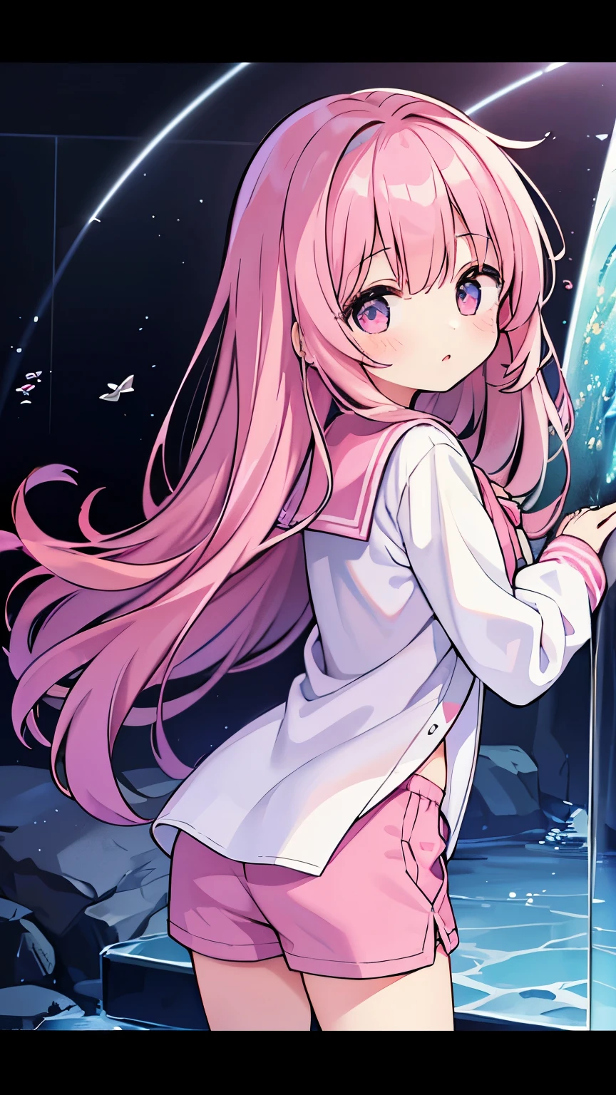 Beautiful illustrations, highest quality, (12 year old girl:1.4)、(pretty girl:1.5)、、(inside the aquarium)、Flat Chest、Sailor collar、(White long tunic)、Long sleeve sailor suit、Blue-line cuffs、(pink chino shorts:1.4)、(pink shorts with wide opening:1.2)、Gap between thigh and pants、Slim thighs、White socks、 Cinematic lighting, (Pink Long Hair)、Pink Straight Hair、redness of cheeks、(Braiding of the back of the head)