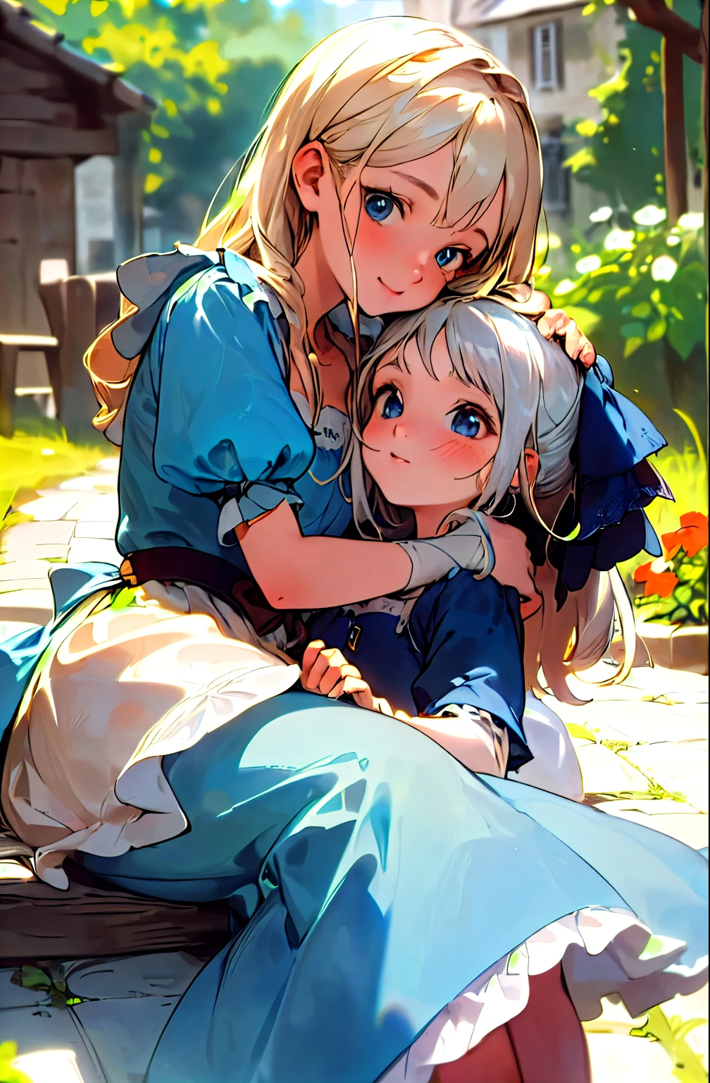 meilleure qualité d&#39;image, High resolution, 8k, realistic representation down to the smallest detail, photorealism, une adolescente qui fait un calin a sa  soeur blonde aux yeux bleus et , filles de village medieval pauvre, happy and beautiful young girl huging each other in the garder, (petite fille, yeux bleu, Enchantant, longs cheveux blonds, peau brillante, Detailed description, enfant, floral dress, mignonne, sister), (Mince, belle, 18 ans, petits seins, abdos, proportions complètes Beau visage, neat face, Silver hair, long, des yeux bleus, Exposed chest, Mains de panier), (exposition partielle de la peau: 1.5), detailed and beautiful face