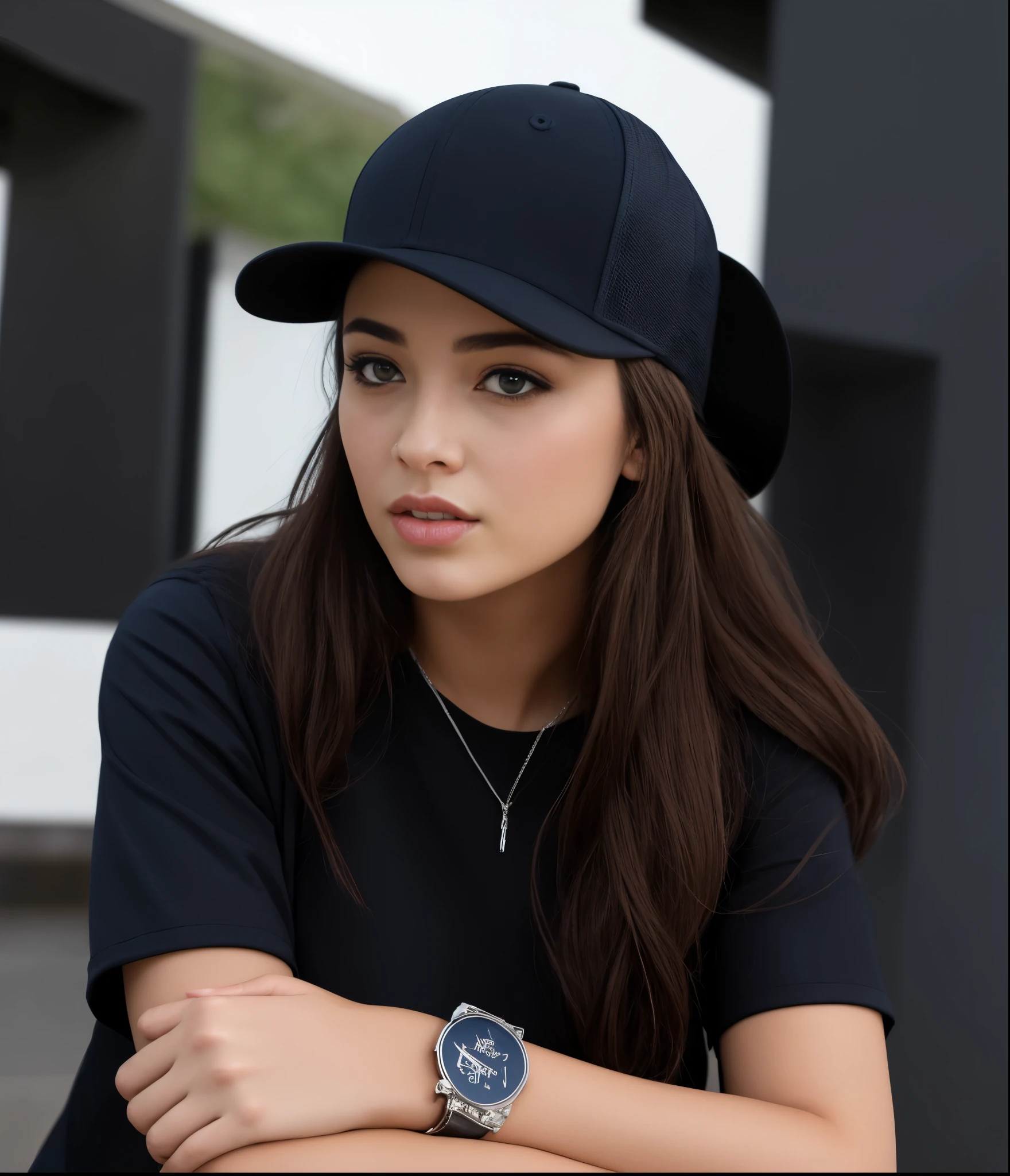araffe woman wearing a black hat and a black shirt, wearing a boné de baseball, wearing boné de baseball, wearing a baseball cap, wearing a backwards boné de baseball, boné de baseball, Black cap, wearing a boné de baseball backwards, imagem completa, fotografia de uma mulher techwear, wearing black dress and hat, wearing a navy blue cap, black hat, Retrato de Sophie Mudd