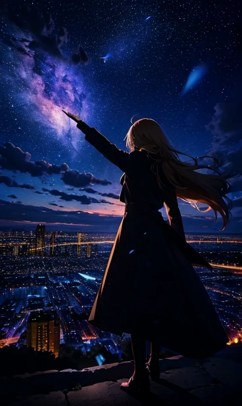 １people々々々々々々々,Blonde long-haired woman，Long coat， Dress Silhouette， Rear View，Space Sky, comet, Anime Style, Dancing Petals，Night view of the city from the mountainside，