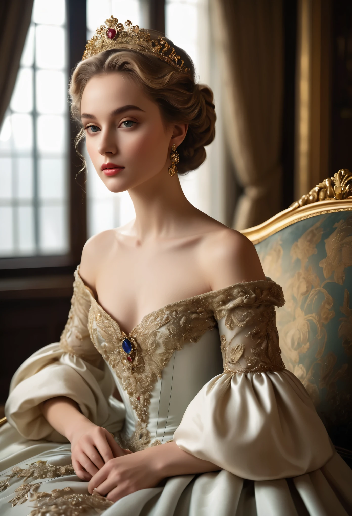 (best quality,4k,8k,highres,masterpiece:1.2),ultra-detailed,(realistic,photorealistic,photo-realistic:1.37), In the dimly lit parlor of a lavish Georgian townhouse, the young courtesan sits poised upon a plush velvet settee, her delicate form draped in the finest silks of the era. At 18 years old, she possesses an ethereal beauty that captivates all who gaze upon her portrait.
Her porcelain complexion is flawlessly illuminated by the soft glow of candlelight, casting a gentle radiance upon her features. Cascading curls of golden blonde hair frame her face, each ringlet meticulously coiffed to perfection, accentuating her elegant neckline.
Her piercing sapphire eyes, framed by long, fluttering lashes, hold a depth of allure and mystery, hinting at the secrets concealed within her captivating gaze. A subtle flush adorns her cheeks, betraying a hint of youthful innocence beneath her worldly exterior.
Adorned in a gown of sumptuous satin and lace, the intricate embroidery and fine detailing speak to her status as a woman of refinement and luxury. The fabric drapes gracefully over her slender form, hinting at the curves beneath while leaving much to the imagination.
In her delicate hand, she holds a single rose, its petals unfurling in a display of natural beauty that mirrors her own. The faint scent of jasmine lingers in the air, adding to the sensory allure of the scene.
Despite her profession, there is an undeniable air of sophistication and grace that surrounds her, elevating her beyond mere mortal beauty to the realm of timeless artistry. In her portrait, she is not merely a courtesan, but a vision of elegance and allure that transcends the confines of her time.