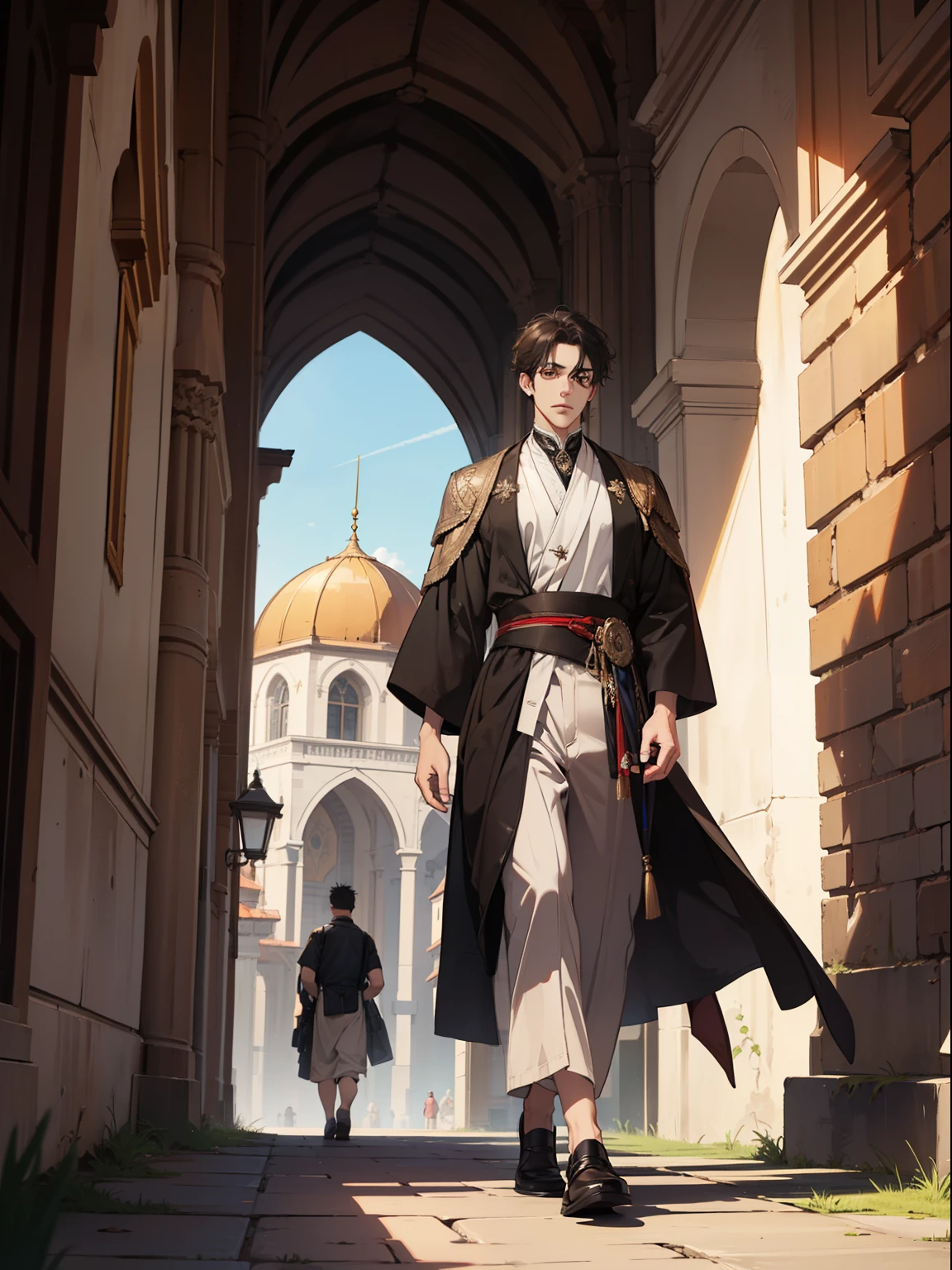 (absurdres, highres, ultra detailed), 1 male, adult, handsome, tall muscular guy, broad shoulders, finely detailed eyes and detailed face, desert, full body, middle eastern clothes, short black hair, brown eyes, focused on scenery, a guy starting journey