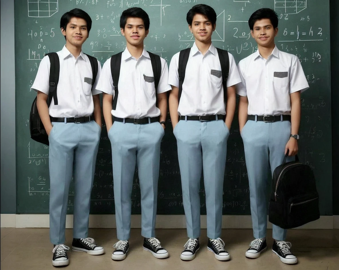 foto 4 orang laki laki, wajah indonesia, usia 20 tahun, rambut hitam pendek rapi, memakai kemeja sekolah warna putih dan celana panjang sekolah warna biru muda, memakai sepatu kets hitam, memanggul tas sekolah, wajah tersenyum, latar belakang papan tulis bertulis rumus matematika, melihat kamera, foto full body.