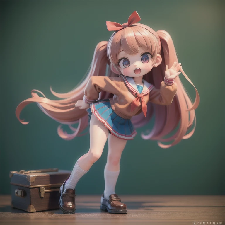 (masterpiece, best quality:1.2), 1girl, ((masterpiece, highest quality, Highest image quality, High resolution, photorealistic, Raw photo, 8K)), Retro Game, miniatures，illustration,((Side viewing angle))school-uniform，Wear red ribbon，very happy,whole body,skirt lift,visible panty,three-dimensional，octane rendering，Perfect face，Collagen texture((flowing hair))